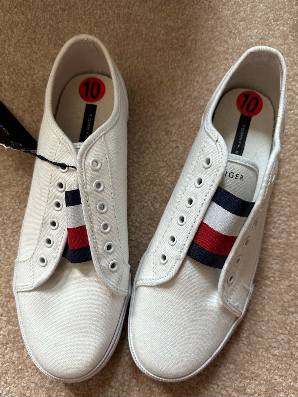 2/35! — Tommy Hilfiger White Slip-On Canvas Sneakers with Red & Navy Stripe